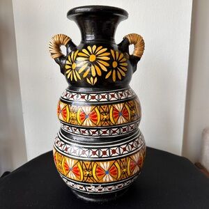 Vintage Heavy Hand-Painted Ceramic Vase – Black with Colorful Floral Motifs 14"